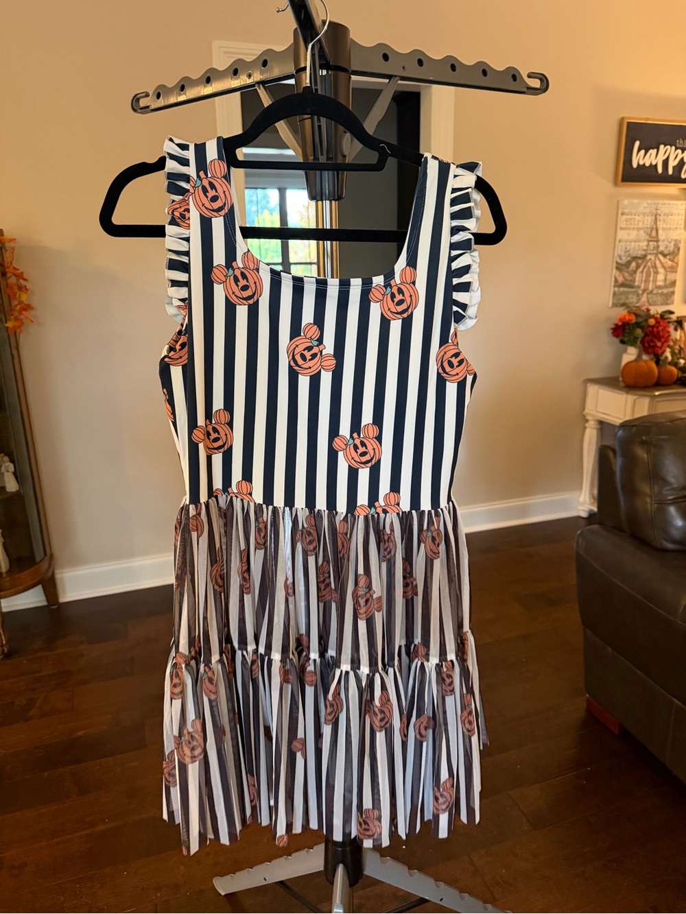 Girls Navy & White Striped Pumpkin Print Dress